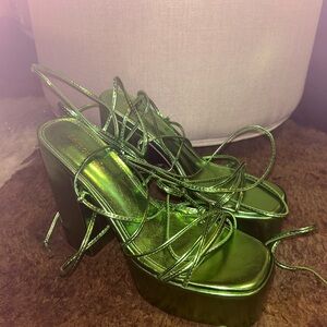 Green metallic lemonade gladiator platform heels